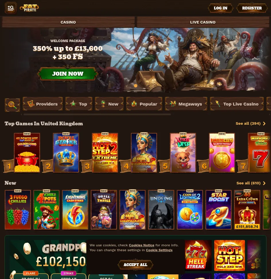 FatPirate casino lobby with the pirate-themed welcome banner and Top Games grid, UK view, July 2026