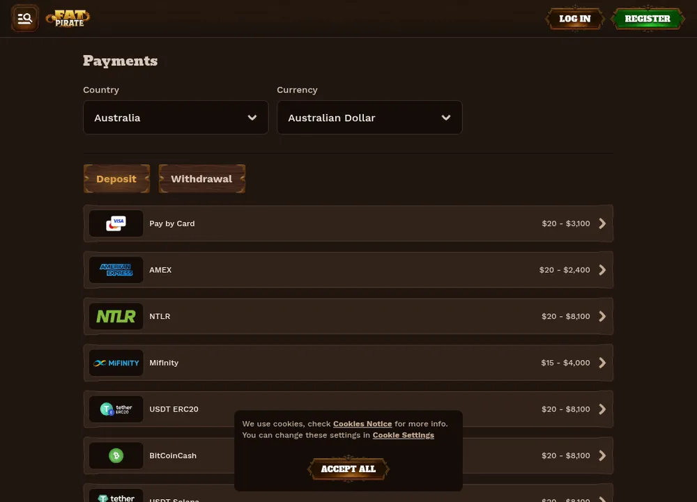 FatPirate cashier deposit screen listing cards, e-wallets and crypto with per-method limits