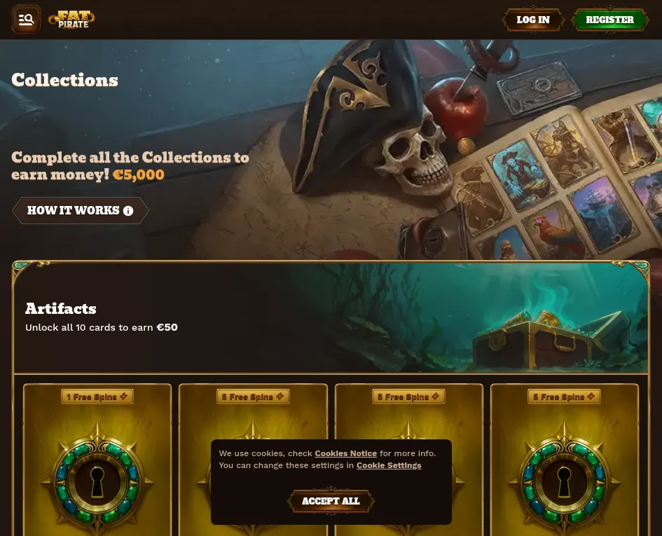 FatPirate slot lobby grid with game thumbnails