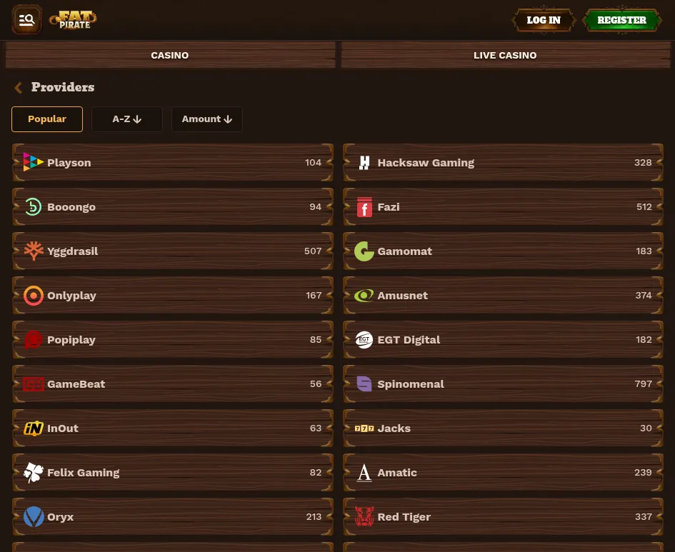 FatPirate provider list sorted by popularity with a game count next to each studio