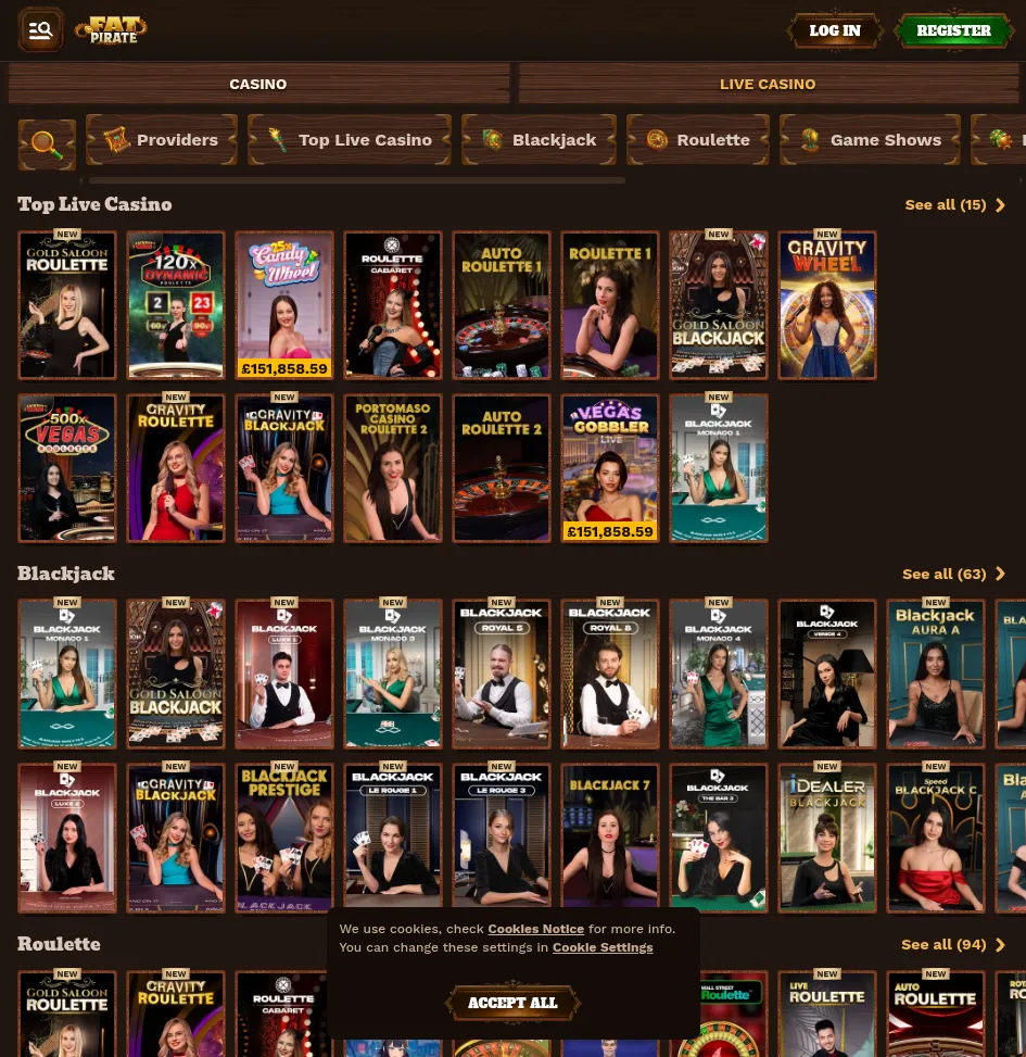 FatPirate live casino lobby showing live blackjack, roulette and game-show tables