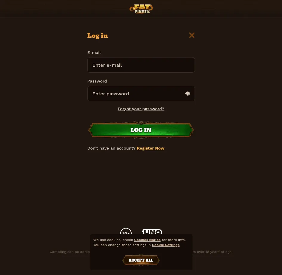 FatPirate account access screen with a Register link