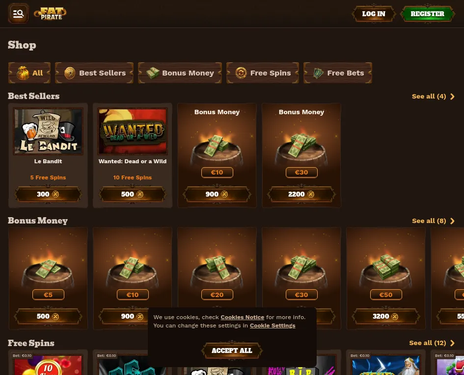 FatPirate loyalty shop free-spins section