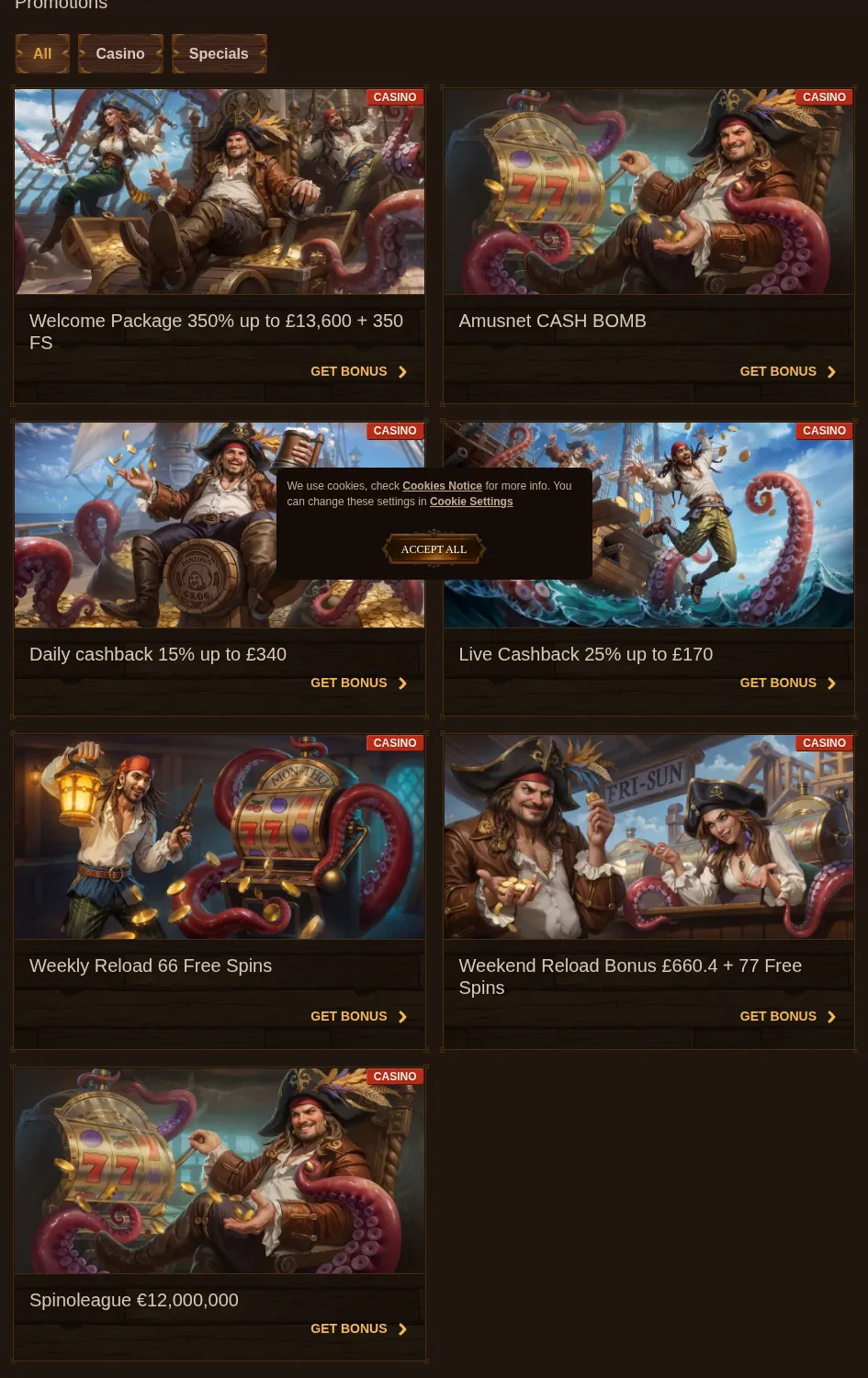 FatPirate promotions page listing the welcome package, cashbacks and reload bonuses