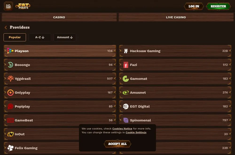FatPirate provider list with game counts per studio