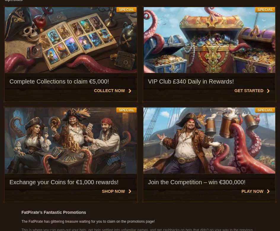 FatPirate specials: Collections, VIP Club, coin exchange and prize competition